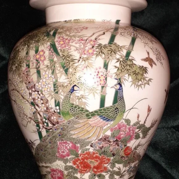 JAPAN FLORAL PEACOCK BIRD GINGER JAR W LID, VINTAGE 1980 OMC OTIGIRI, BEAUTIFUL - Picture 10 of 13